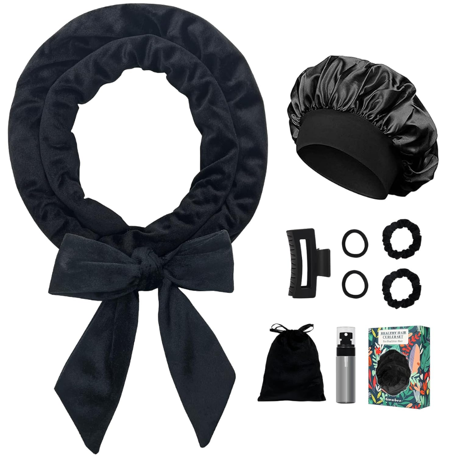 Heatless Curling Set in Black, the full set with bonnet, clip and pouch