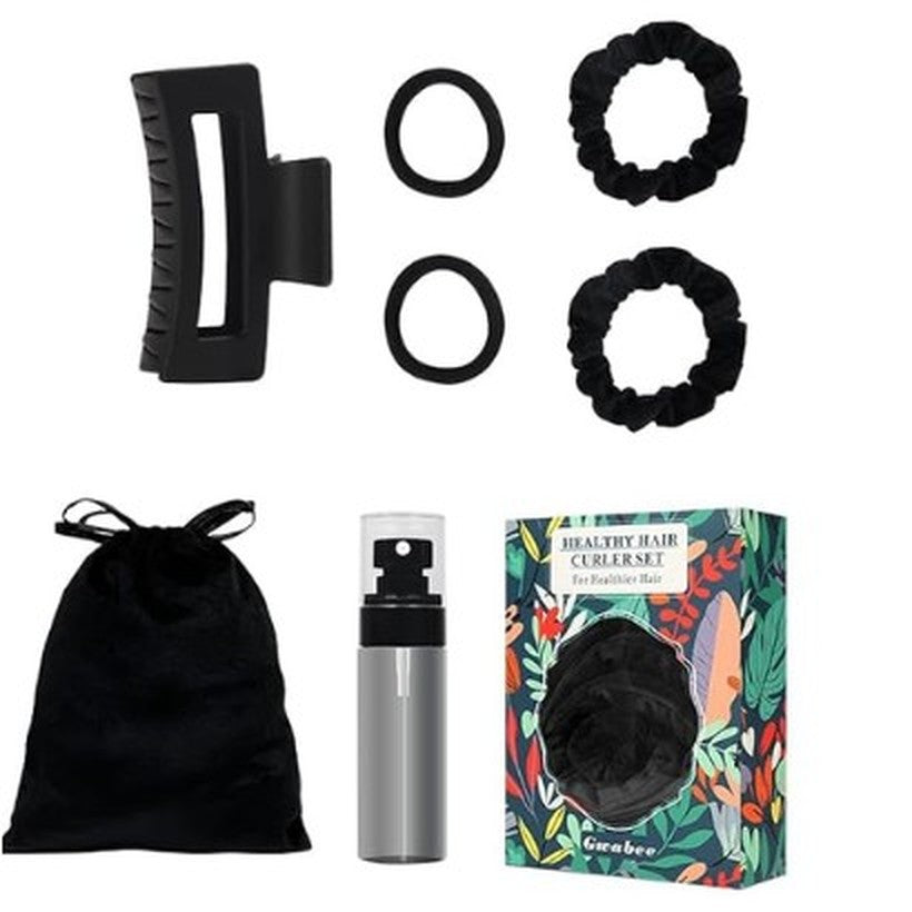 Also in the set: hair clip, satin and elastic ties, storage bag, spray bottle and gift box